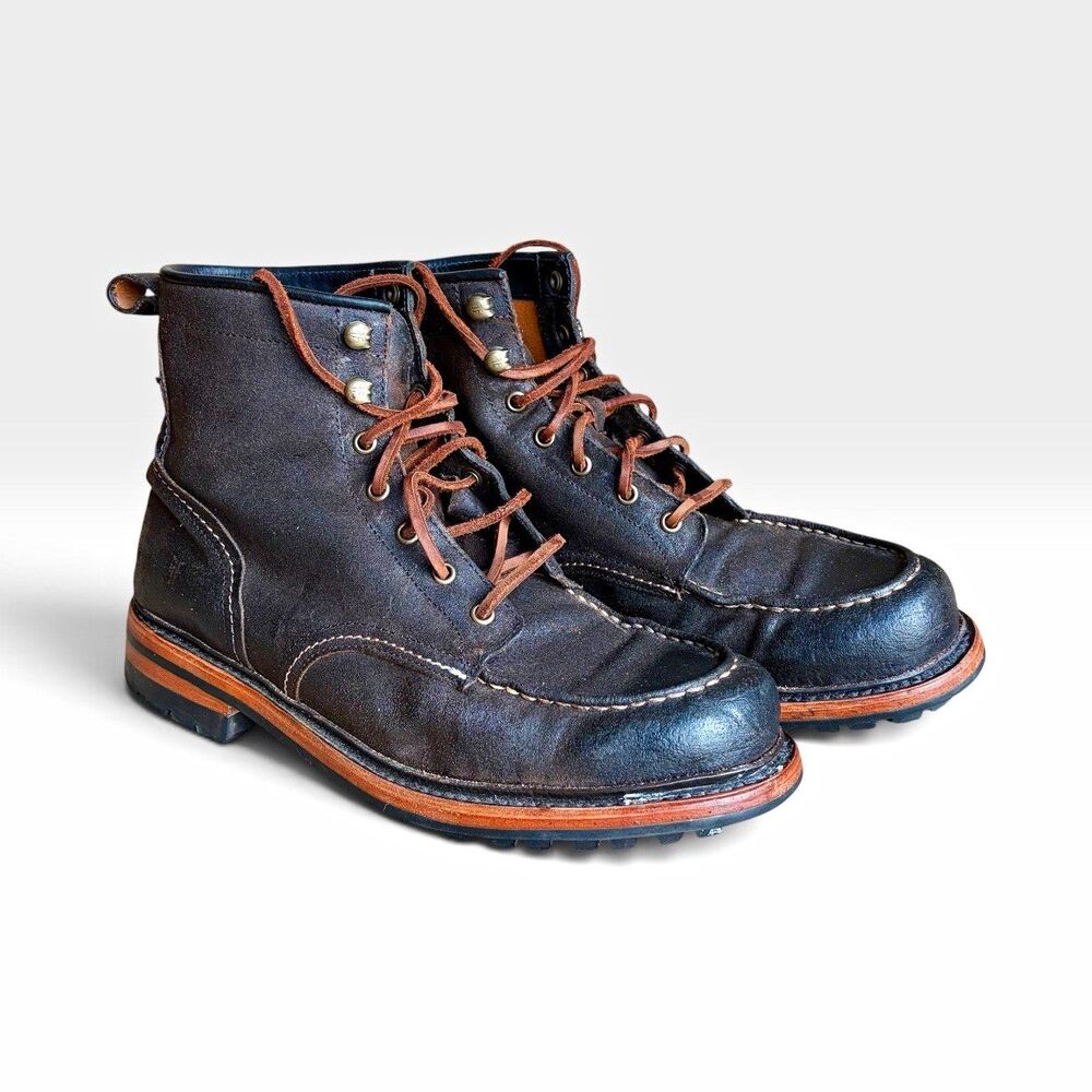 FRYE Bowery Moc Mens 10.5 D Black Leather Moc Toe Lace Up Work Boots Mexico